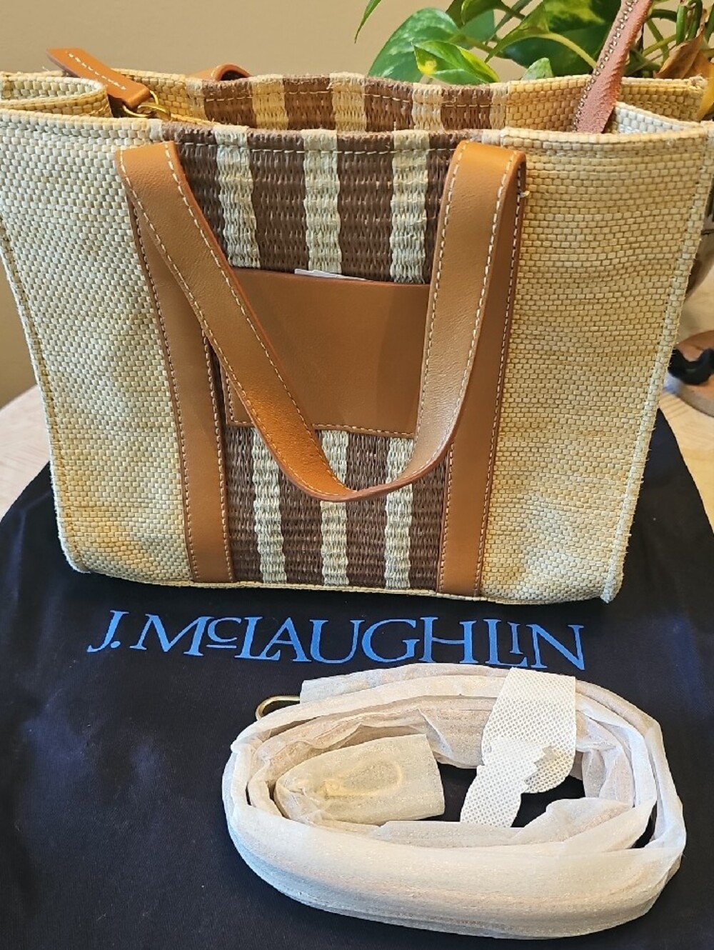 J. McLaughlin Tan and Brown Woven Duffel Tote - Picture 4 of 9